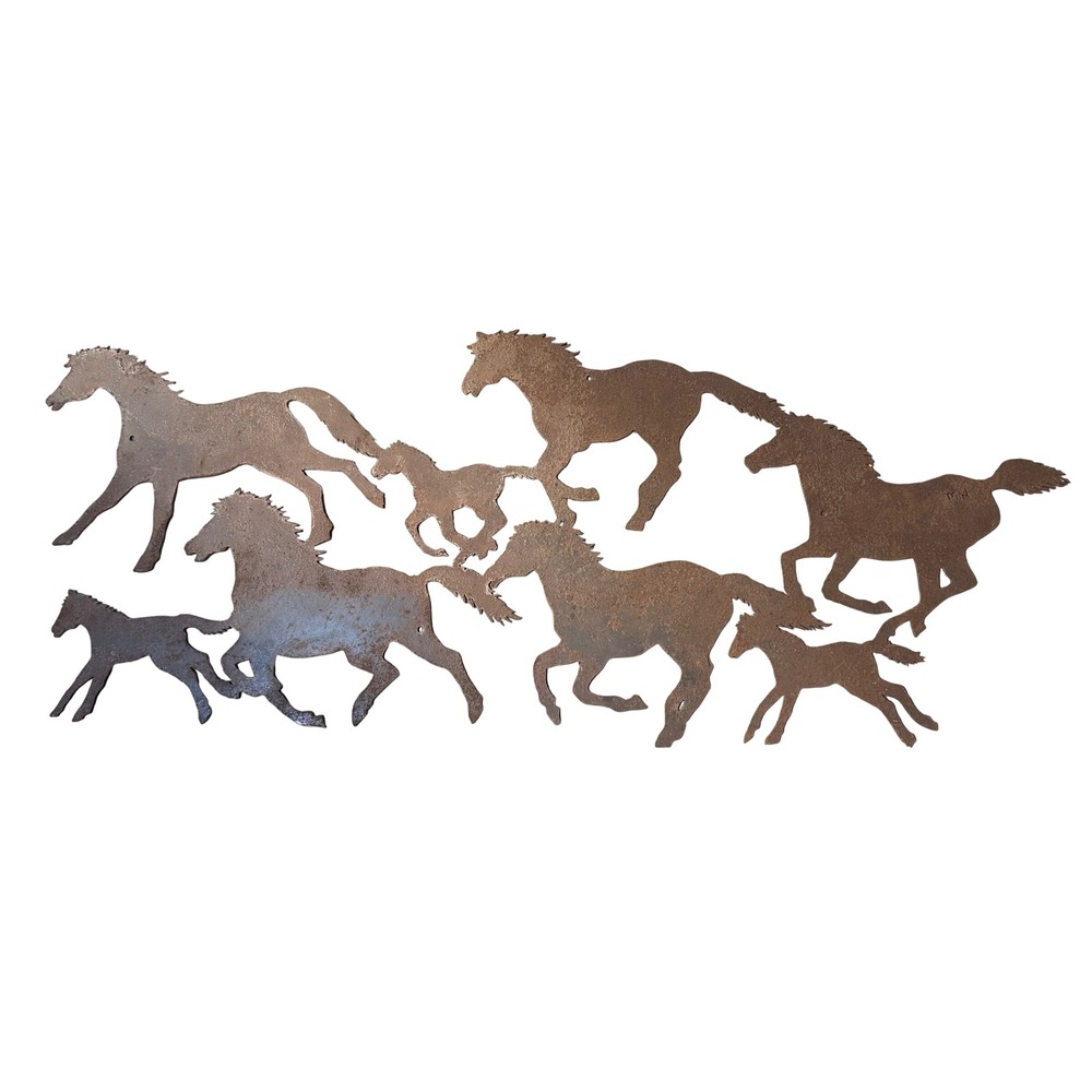 Large Rustic Metal Running Horse Herd Wall Art Signed MW Silhouette 44x17
